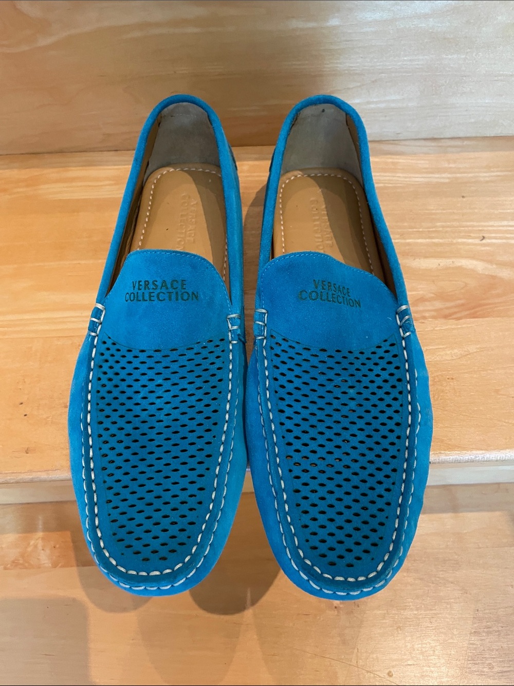 Versace Collection Men’s Teal Blue Suede Perforated Driving Loafers